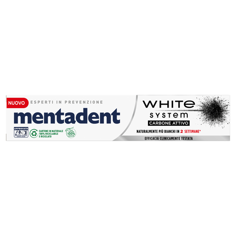 Tubo e confezione Mentadent White System Carbone Attivo dentifricio 75 ml