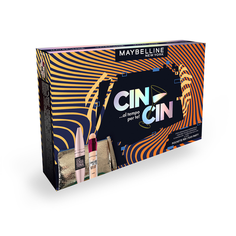 Maybelline cofanetto Cin Cin con mascara Ciglia Sensazionali Intense Black, correttore Il Cancella Età 01 Light e pochette