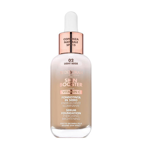 Deborah Milano Skin Booster fondotinta in siero SPF 15 tonalità 02 Light Beige, flacone in vetro con contagocce 30 ml