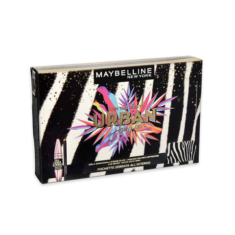 Cofanetto Maybelline Urban Jungle con mascara Ciglia Sensazionali Intense Black, matita occhi Line Refine nera e pochette zebrata