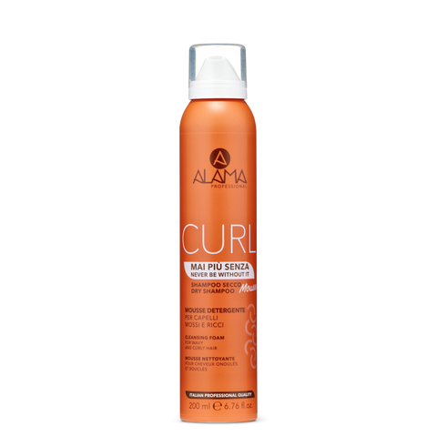 Bomboletta di shampoo secco in mousse Alama Professional Curl per capelli ricci e mossi da 200 ml su fondo bianco