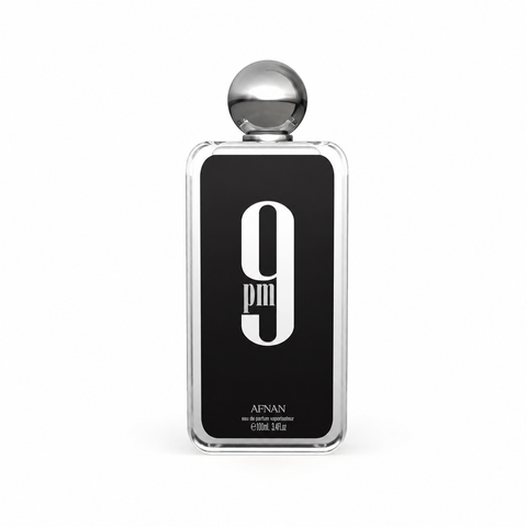 Afnan 9 PM Eau de Parfum 100 ml - flacone frontale su fondo bianco