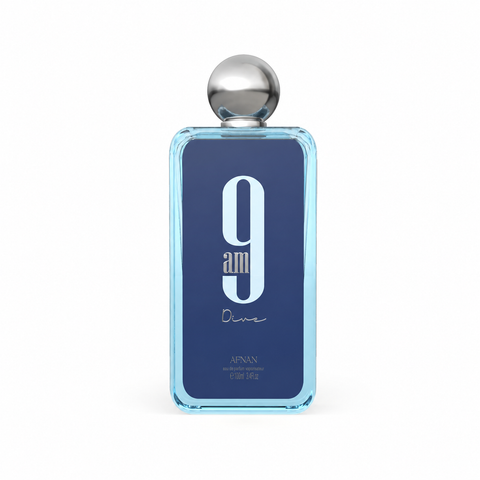 Afnan 9AM Dive Eau de Parfum 100 ml - flacone frontale su fondo bianco