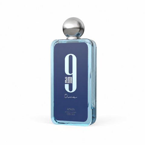 Afnan 9AM Dive Eau de Parfum 100 ml - vista di tre quarti su fondo bianco