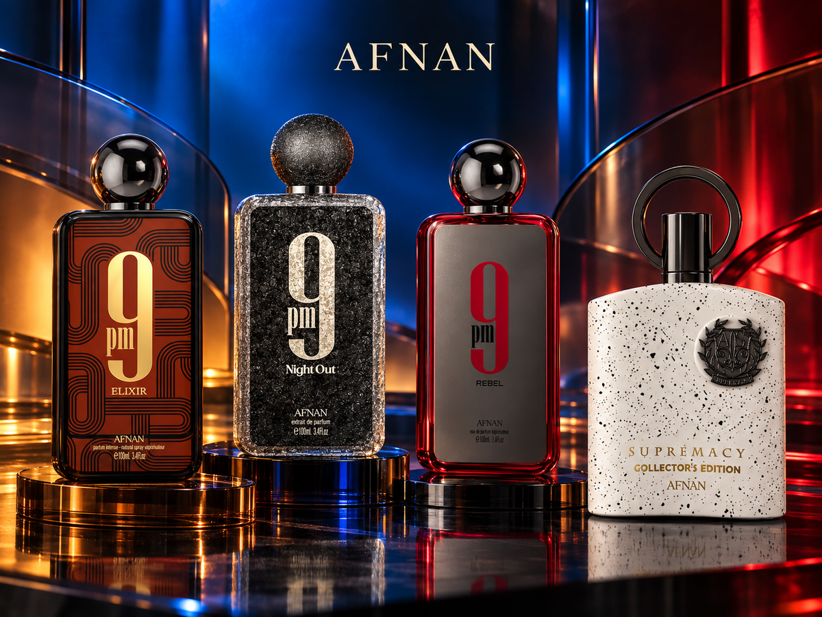 Afnan 9PM Elixir, 9PM Night Out, 9PM Rebel e Supremacy Collector’s Edition su sfondo blu, rosso e ambra