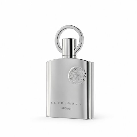 Afnan Supremacy Silver Eau de Parfum 100 ml - vista di tre quarti su fondo bianco