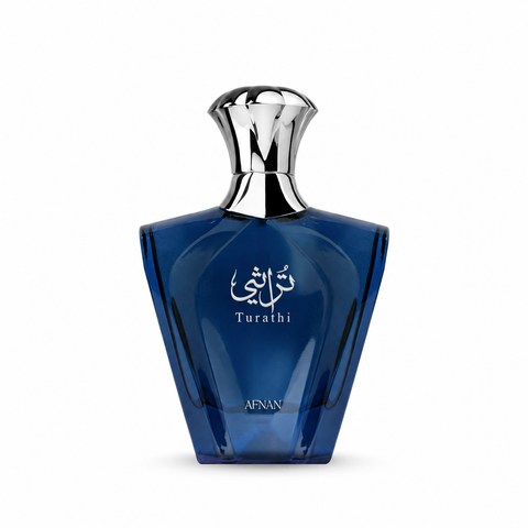 Afnan Turathi Blue Eau de Parfum 90 ml - flacone frontale su fondo bianco