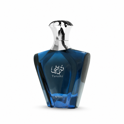 Afnan Turathi Blue Eau de Parfum 90 ml - vista di tre quarti su fondo bianco