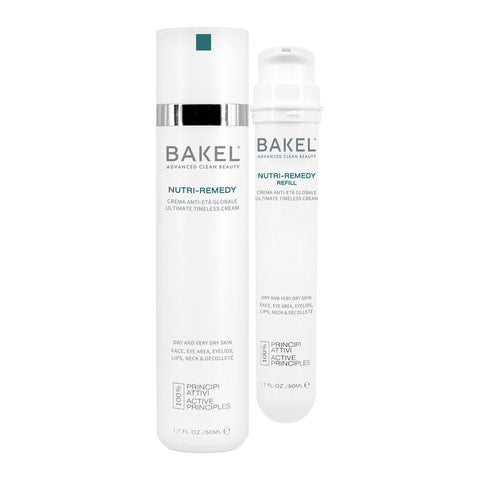 BAKEL Nutri-Remedy, confezione Case & Refill, 50 ml, crema nutriente anti-età, su fondo bianco