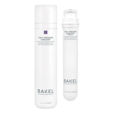 BAKEL Oxy-Regen, confezione Case & Refill, 50 ml, crema idratante anti-età, su fondo bianco