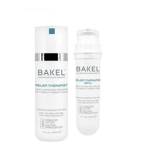 BAKEL Relief-Therapist, confezione Case & Refill, 30 ml, siero lenitivo anti-rossore, su fondo bianco