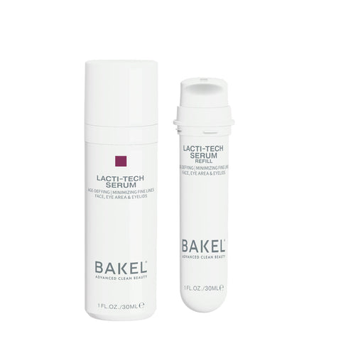BAKEL Lacti-Tech, confezione Case & Refill, 30 ml, siero concentrato anti-rughe, su fondo bianco