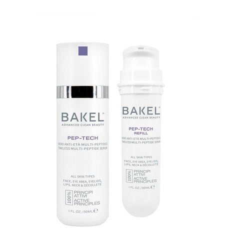 BAKEL Pep-Tech, confezione Case & Refill, 30 ml, siero multi-peptidico anti-età, su fondo bianco
