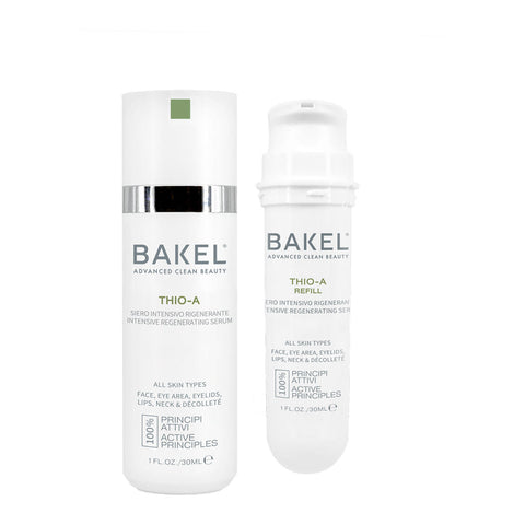 BAKEL Thio-A, confezione Case & Refill, 30 ml, siero rigenerante anti-età, su fondo bianco