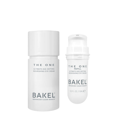 BAKEL The One Eye Cream, confezione Case & Refill, 15 ml, crema contorno occhi anti-età, su fondo bianco