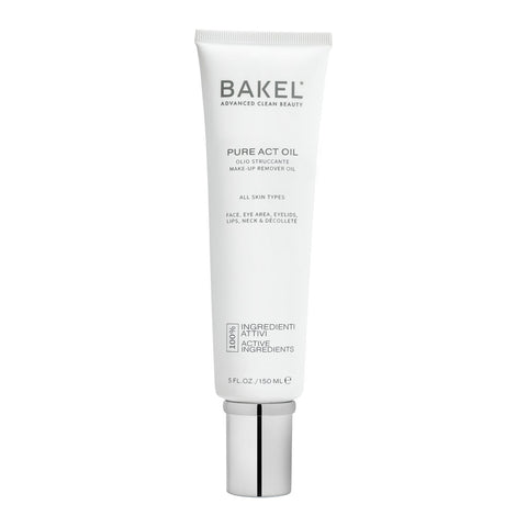 BAKEL Pure Act Oil, flacone di olio struccante da 150 ml su fondo bianco