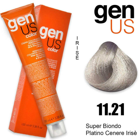 Genus Color 11.21 Super Biondo Platino Irisé Cenere, crema colorante superschiarente 100 ml con campione colore