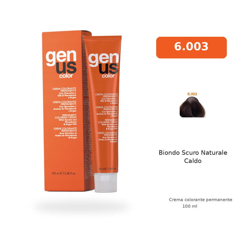 Genus Color 6.003 Biondo Scuro Naturale Caldo, crema colorante permanente 100 ml con ciocca colore
