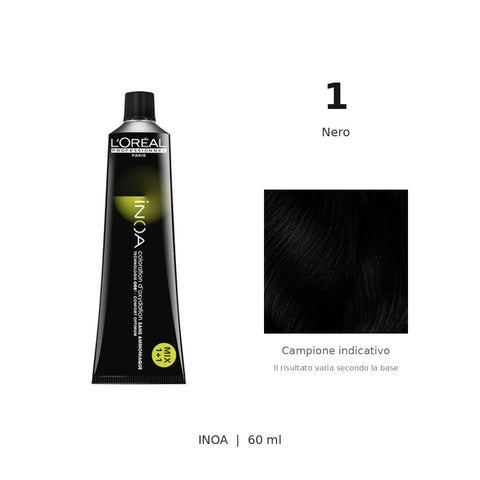 L’Oréal Professionnel INOA 1 Nero 60 ml, tubo e campione colore indicativo su fondo bianco