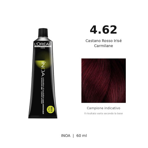 L’Oréal Professionnel INOA 4.62 Castano Rosso Irisé Carmilane 60 ml, tubo e campione indicativo