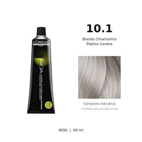 L’Oréal Professionnel INOA 10.1 60 ml, tubo originale e campione colore indicativo su fondo bianco
