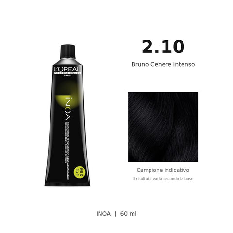 L’Oréal Professionnel INOA 2.10 60 ml, tubo originale e campione colore indicativo su fondo bianco
