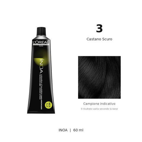 L’Oréal Professionnel INOA 3 60 ml, tubo originale e campione colore indicativo su fondo bianco
