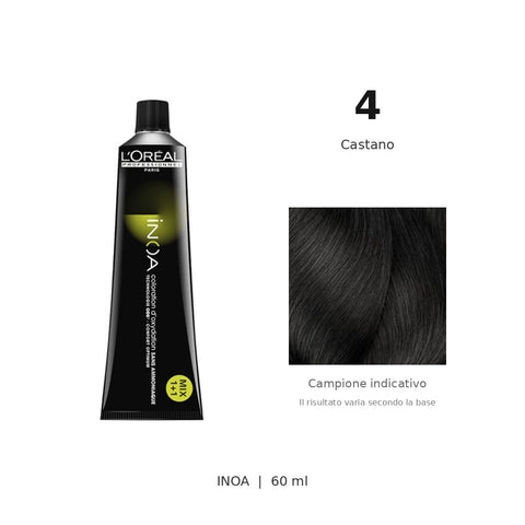 L’Oréal Professionnel INOA 4 60 ml, tubo originale e campione colore indicativo su fondo bianco