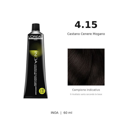L’Oréal Professionnel INOA 4.15 60 ml, tubo originale e campione colore indicativo su fondo bianco