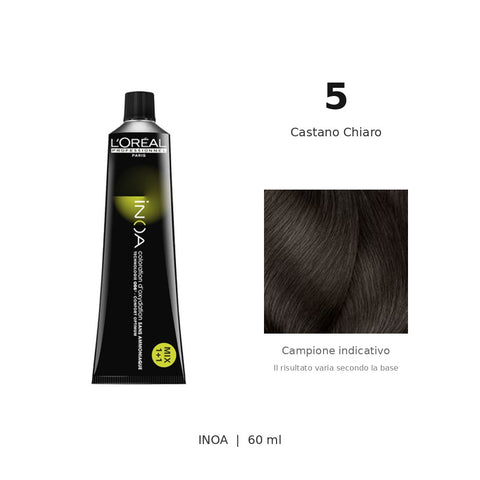L’Oréal Professionnel INOA 5 60 ml, tubo originale e campione colore indicativo su fondo bianco