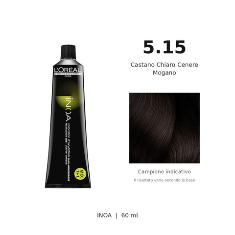 L’Oréal Professionnel INOA 5.15 60 ml, tubo originale e campione colore indicativo su fondo bianco