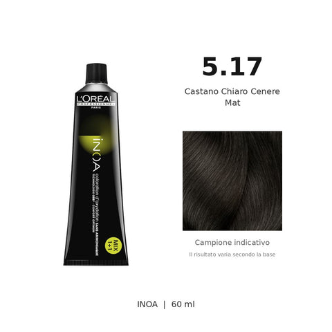L’Oréal Professionnel INOA 5.17 60 ml, tubo originale e campione colore indicativo su fondo bianco