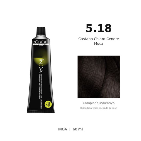 L’Oréal Professionnel INOA 5.18 60 ml, tubo originale e campione colore indicativo su fondo bianco