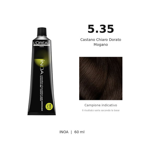 L’Oréal Professionnel INOA 5.35 60 ml, tubo originale e campione colore indicativo su fondo bianco