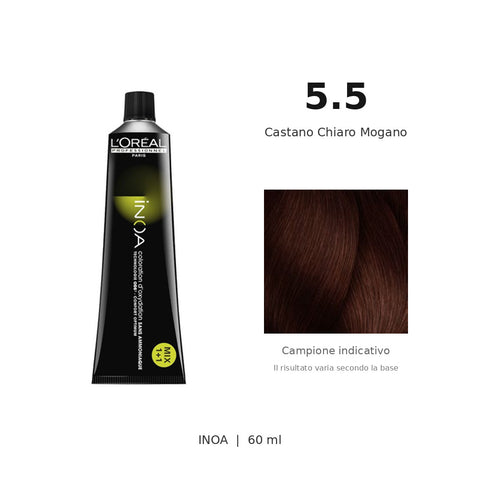 L’Oréal Professionnel INOA 5.5 60 ml, tubo originale e campione colore indicativo su fondo bianco