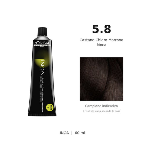 L’Oréal Professionnel INOA 5.8 60 ml, tubo originale e campione colore indicativo su fondo bianco