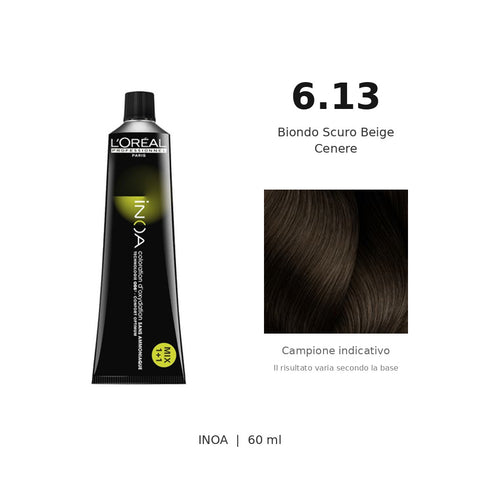 L’Oréal Professionnel INOA 6.13 60 ml, tubo originale e campione colore indicativo su fondo bianco