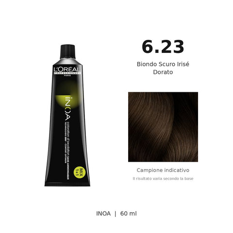 L’Oréal Professionnel INOA 6.23 60 ml, tubo originale e campione colore indicativo su fondo bianco