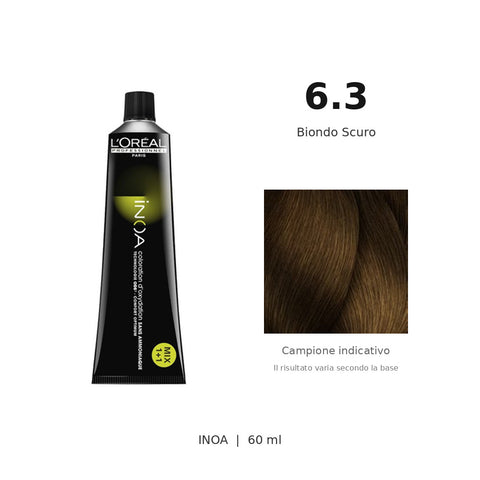 L’Oréal Professionnel INOA 6.3 60 ml, tubo originale e campione colore indicativo su fondo bianco