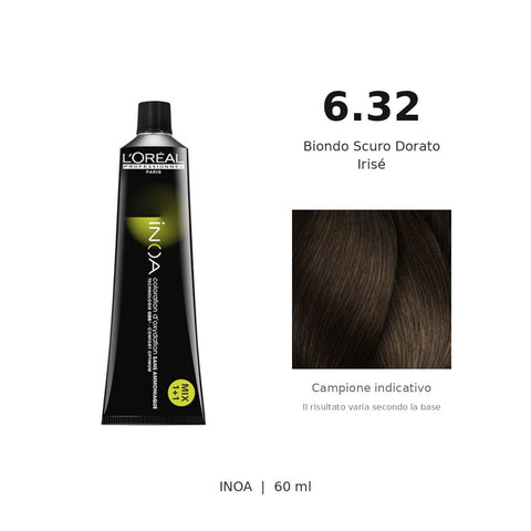 L’Oréal Professionnel INOA 6.32 60 ml, tubo originale e campione colore indicativo su fondo bianco