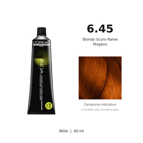L’Oréal Professionnel INOA 6.45 60 ml, tubo originale e campione colore indicativo su fondo bianco