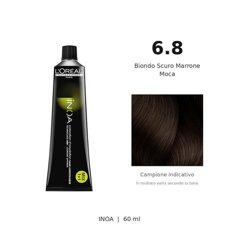 L’Oréal Professionnel INOA 6.8 60 ml, tubo originale e campione colore indicativo su fondo bianco
