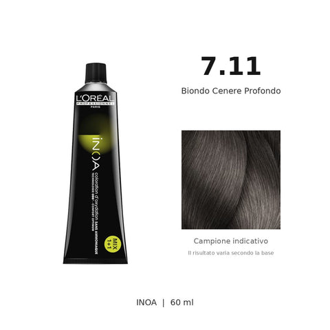L’Oréal Professionnel INOA 7.11 60 ml, tubo originale e campione colore indicativo su fondo bianco