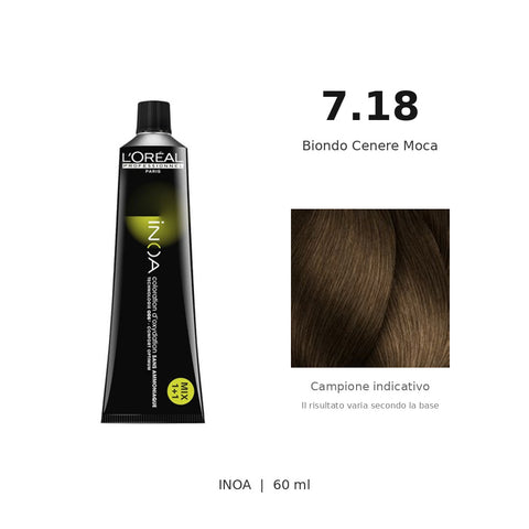 L’Oréal Professionnel INOA 7.18 60 ml, tubo originale e campione colore indicativo su fondo bianco