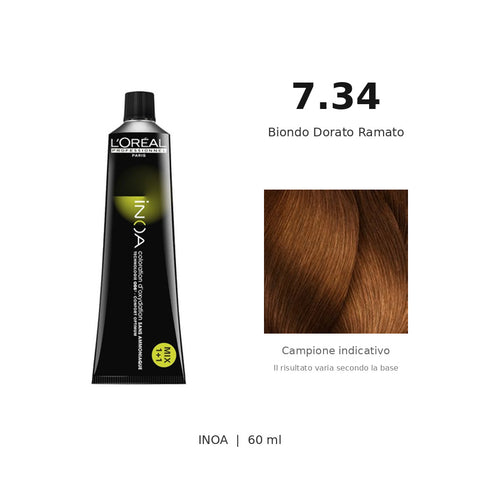 L’Oréal Professionnel INOA 7.34 60 ml, tubo originale e campione colore indicativo su fondo bianco