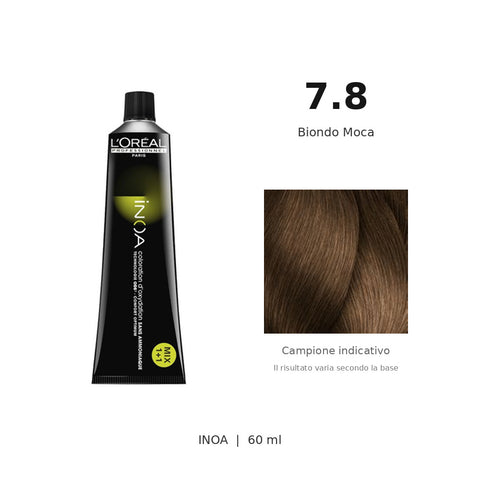 L’Oréal Professionnel INOA 7.8 60 ml, tubo originale e campione colore indicativo su fondo bianco