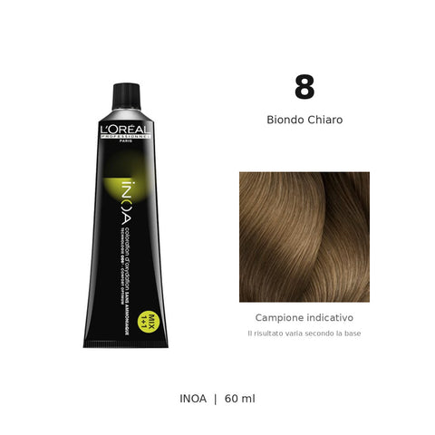 L’Oréal Professionnel INOA 8 60 ml, tubo originale e campione colore indicativo su fondo bianco