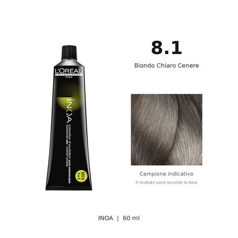 L’Oréal Professionnel INOA 8.1 60 ml, tubo originale e campione colore indicativo su fondo bianco