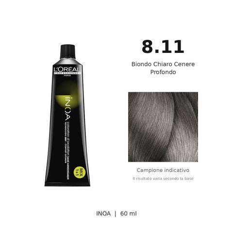 L’Oréal Professionnel INOA 8.11 60 ml, tubo originale e campione colore indicativo su fondo bianco
