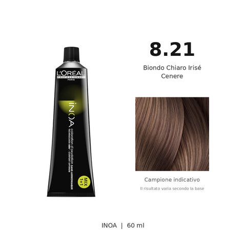 L’Oréal Professionnel INOA 8.21 60 ml, tubo originale e campione colore indicativo su fondo bianco